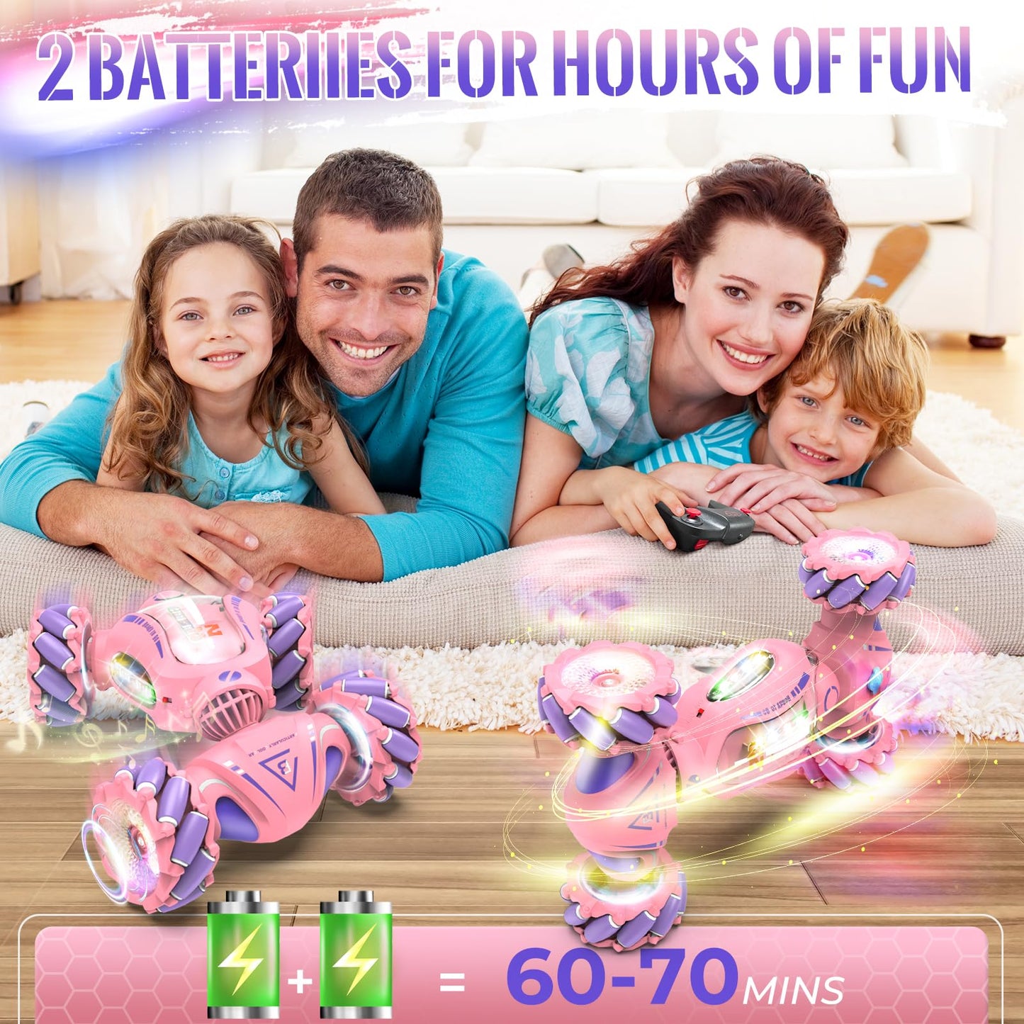 Fosgoit Pink Remote Control Car for Girls 6-12, 2.4Ghz 4WD Hand Controlled RC Car with Light & Music & Spray, Double-Sided 360 R