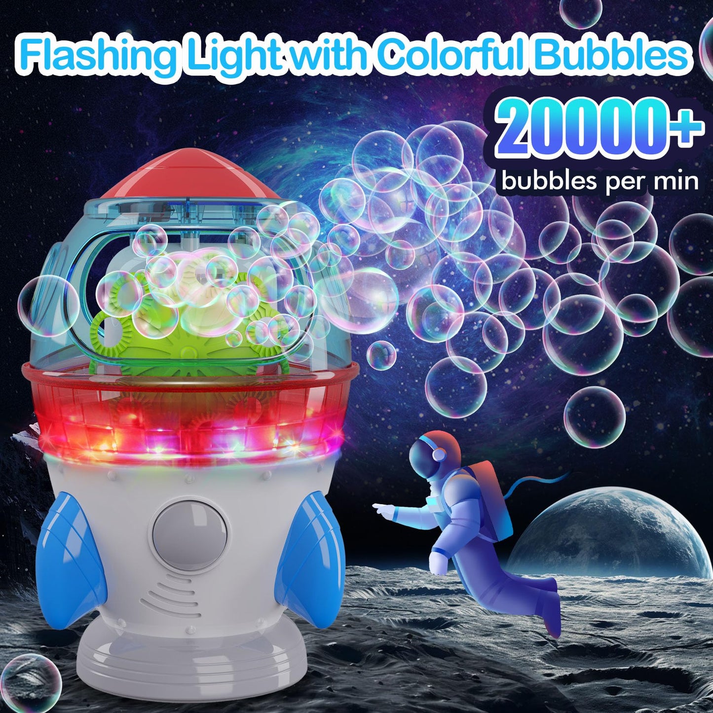 Bubble Machine  Automatic 360 Rotatable Rocket Bubble Blower Machine with 2 Fans Lights Music for Kids Toddlers 1-3 Bubble Maker Machine for Indoor Outdoor Wedding Party Birthday Gifts
