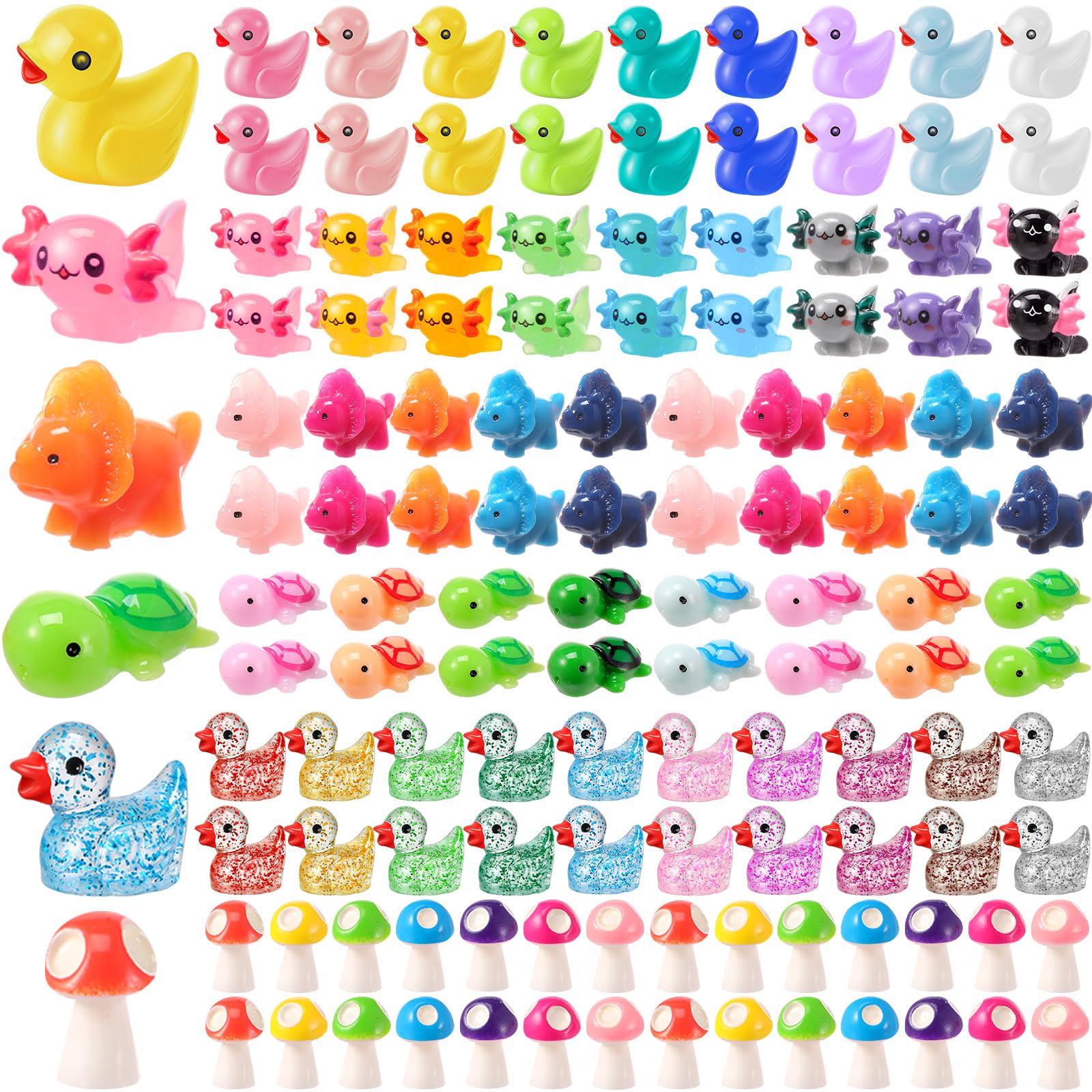 Barydat 200 Pcs Mini Resin Animals Figures Small Variety Animals to Hide Tiny Duck Axolotl Dinosaur Turtle Mushroom Figures for 
