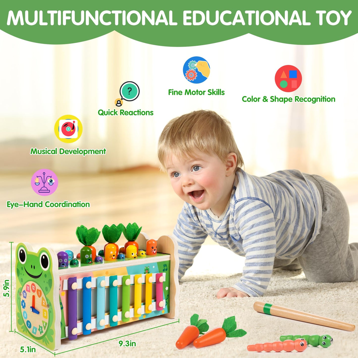 6-in-1 Wooden Montessori Toy with Mole Whacking Game & Xylophone for 1-5 Year Old Toddler, Activity Cube for 12+ Month Baby, Mul