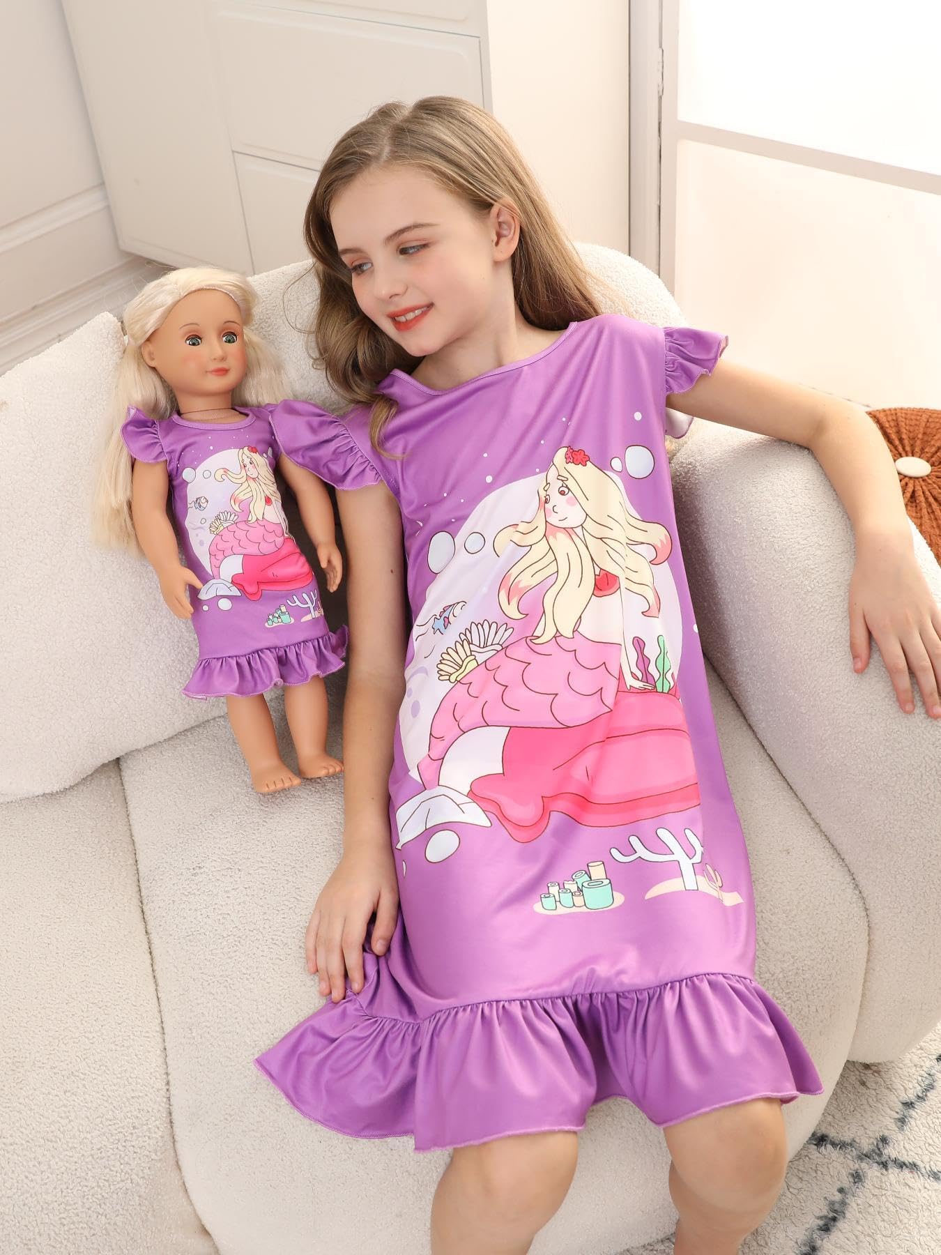 Bow Dream Girl Dress Cute and Matching American Girl Doll Clothes Accessories for Girls Dresses Set Party Birthday Purple Mermai