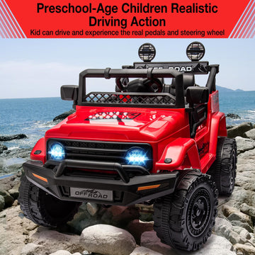 Hetoy Electric Car For Kids, 12V Ride On Truck Car With Remote Control Spring Suspension, Led Lights, Music, 3 Speeds