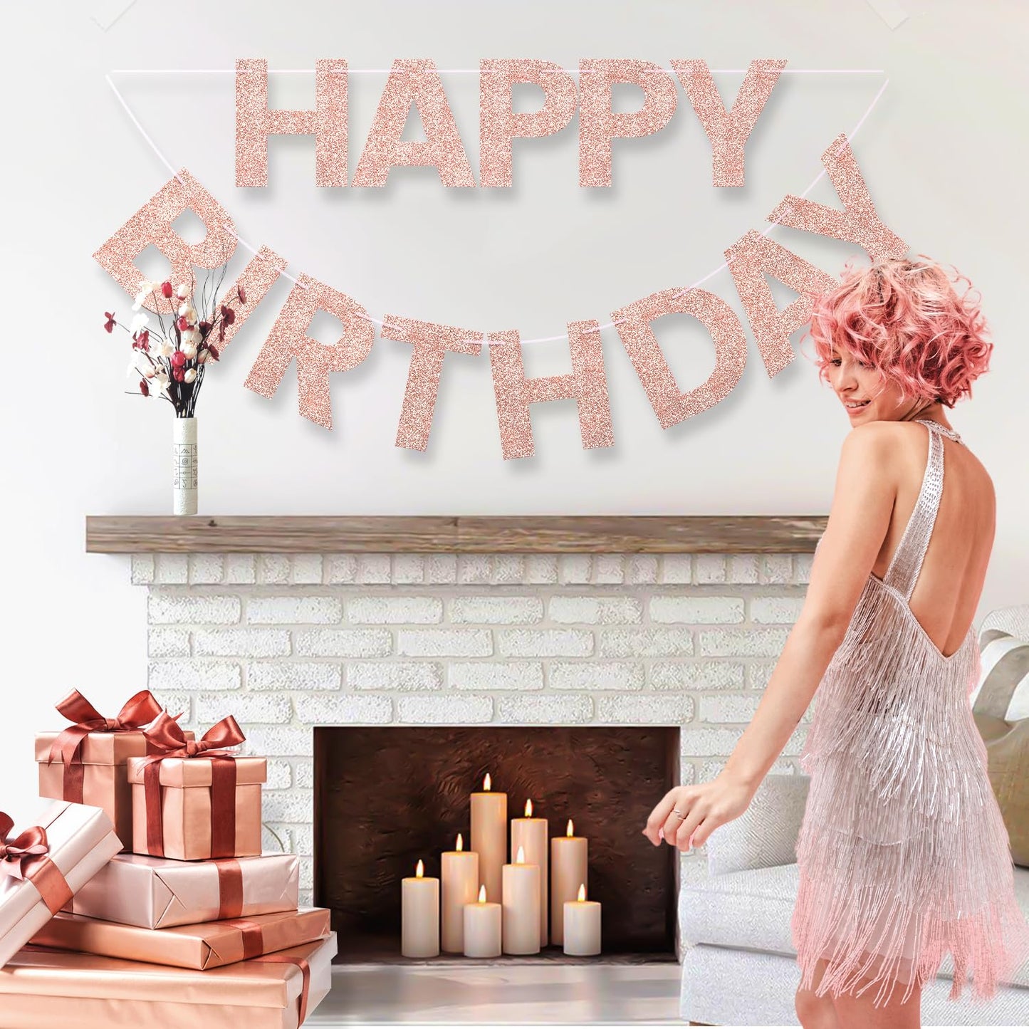Litaus, Rose Gold Glitter Happy Birthday Banner - Pre-Strung, 9 Ft, No Diy | Birthday Decorations | Happy Birthday Sign For Birt