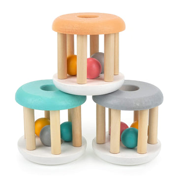 DUCKBOXX XX Montessori Infant Toys, Natural Wood Rolling Rattle Toy for Babies Ages 0m - 2yrs (White Base - 3pcs)