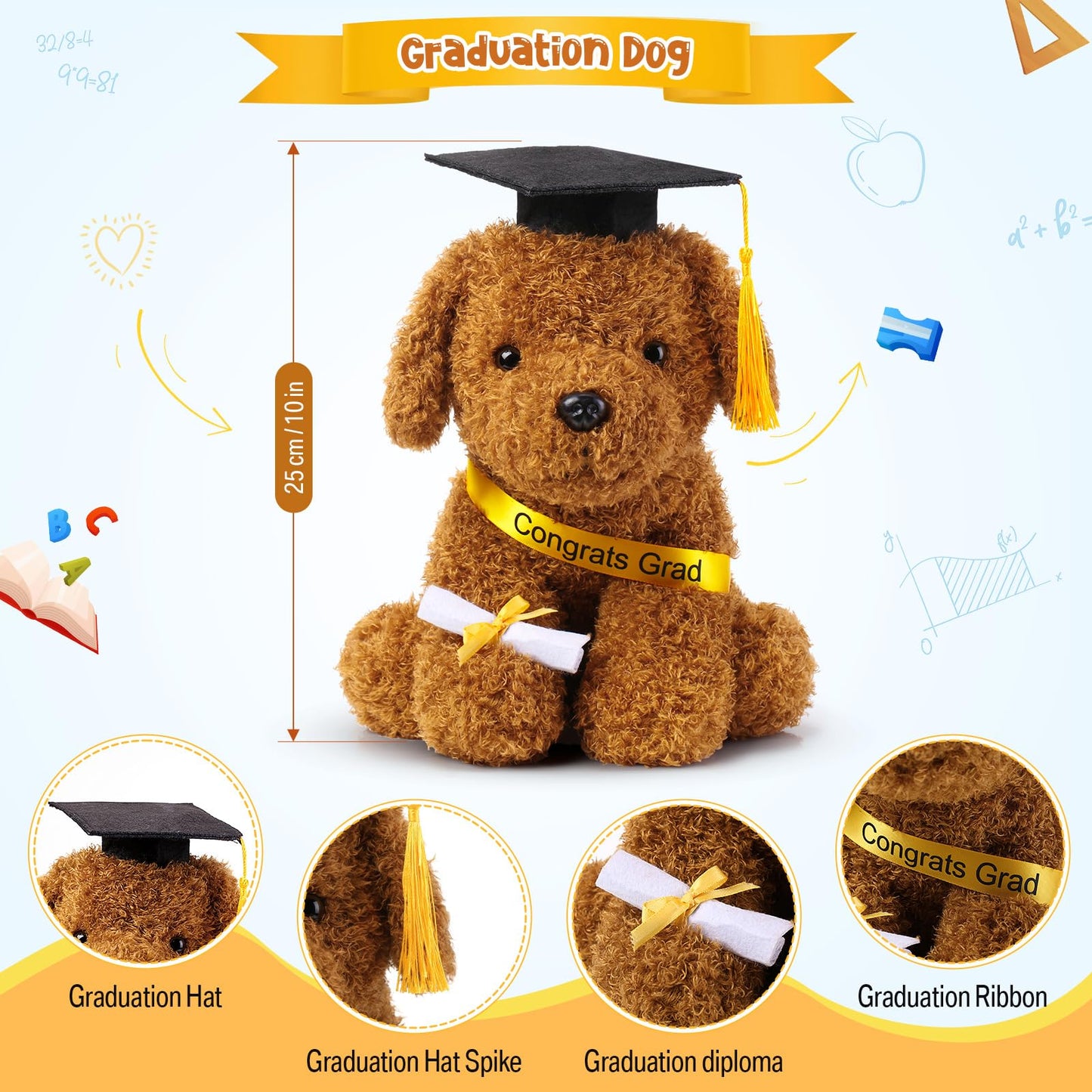 Chalyna 10 Inch Graduation Season Dog Plush Stuffed Animal Puppy With Graduation Hat, Diploma And Sash, Graduation Gift For Frie