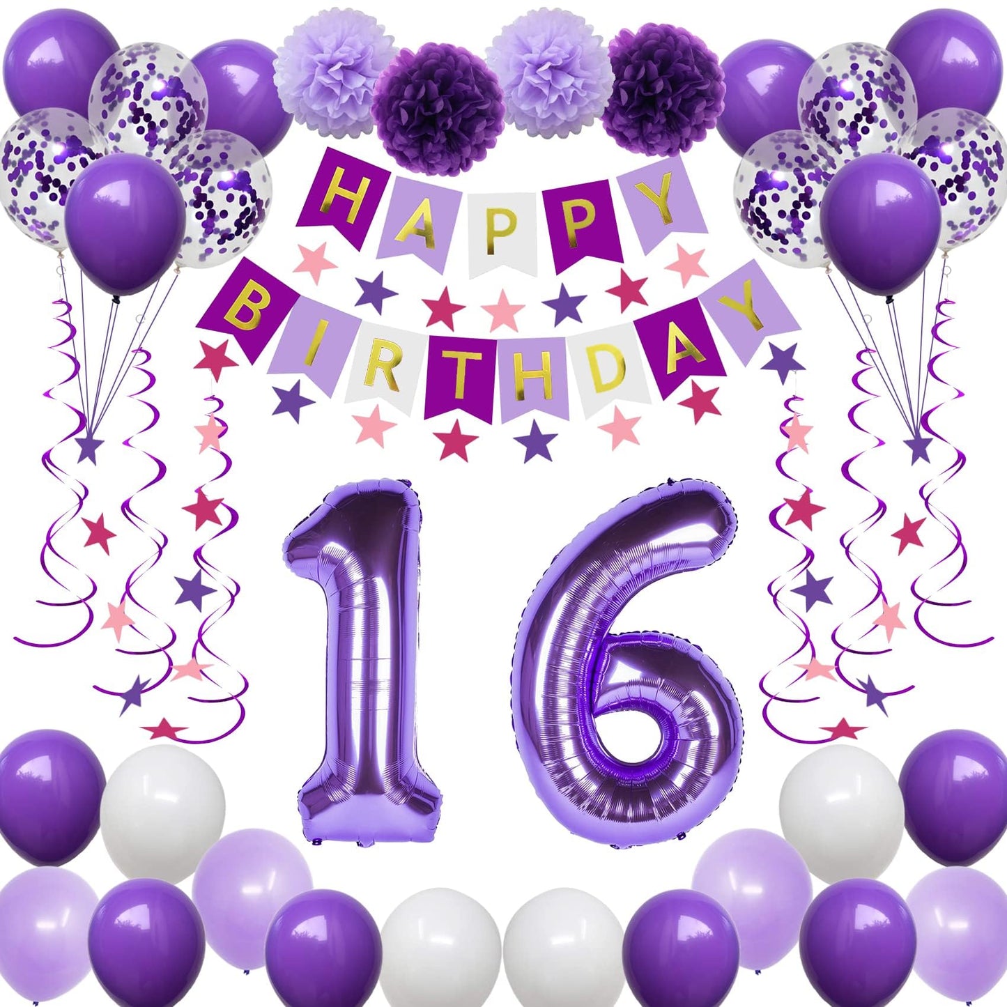 Naninuneno 16Th Birthday Decorations For Girls, Purple 16 Happy Birthday Balloons Supplies Including Purple Happy Birthday Banne