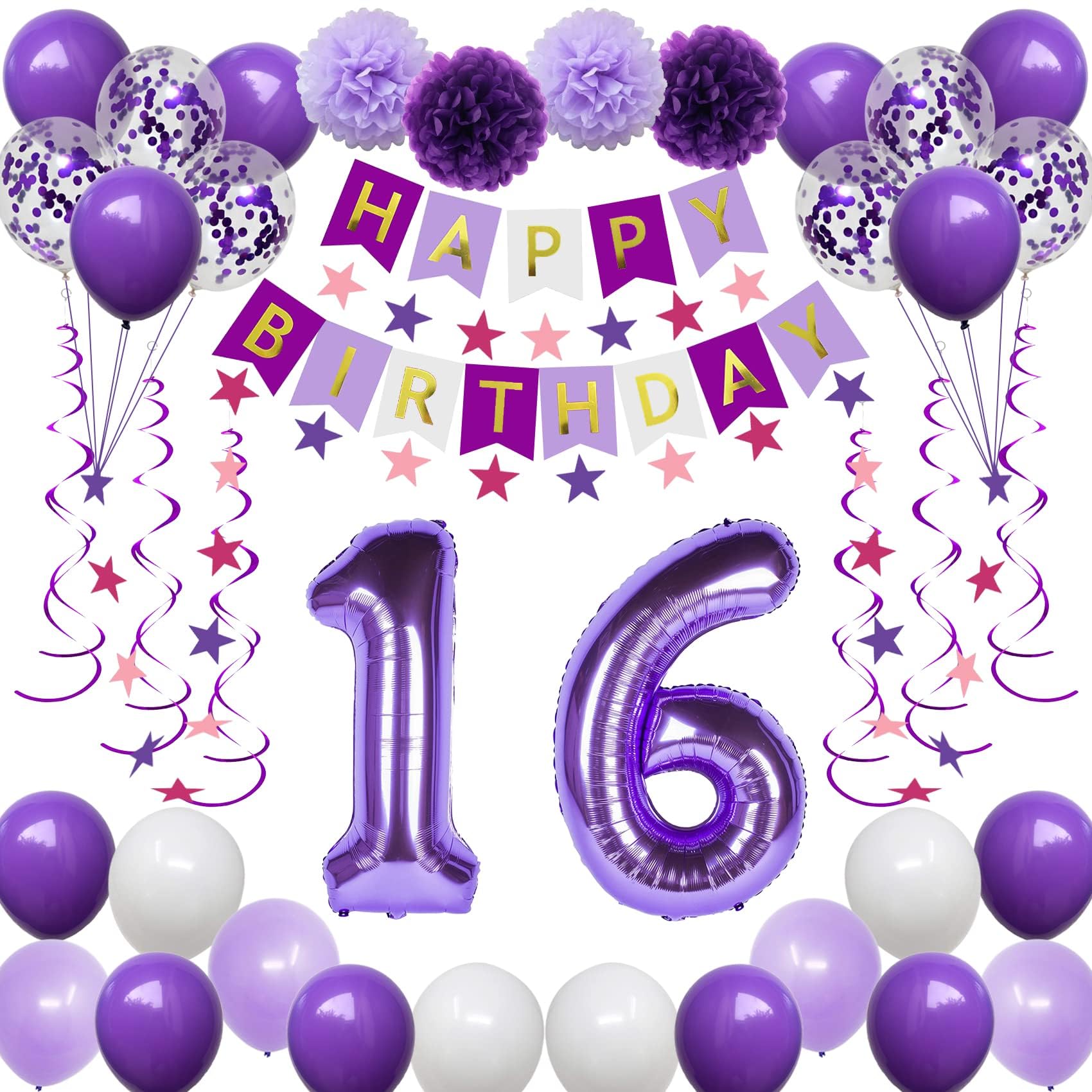 Naninuneno 16Th Birthday Decorations For Girls, Purple 16 Happy Birthday Balloons Supplies Including Purple Happy Birthday Banne