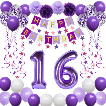 Naninuneno 16Th Birthday Decorations For Girls, Purple 16 Happy Birthday Balloons Supplies Including Purple Happy Birthday Banne