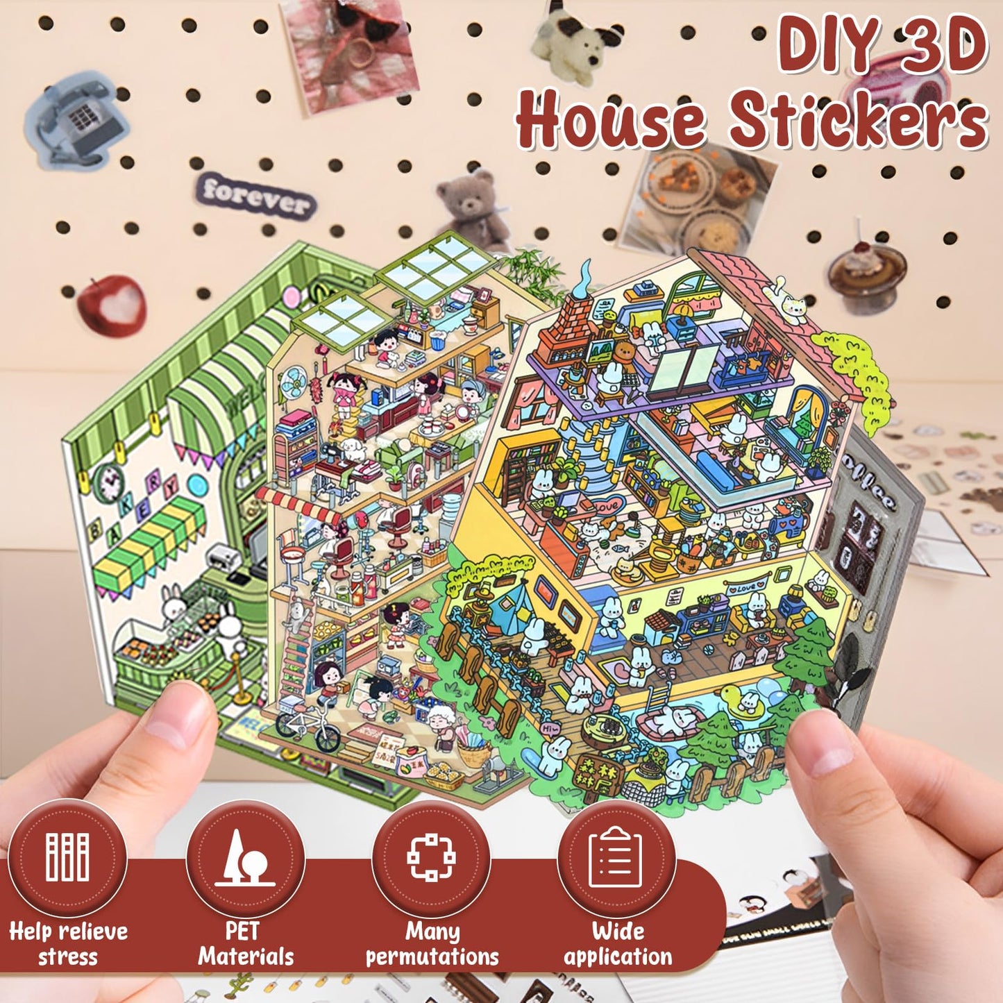 DIY 3D Sticker Scene, 12 Sets Fun DIY 3D House Stickers, Make Your Own Mini Room Scenes, Cute Cartoon 3D Miniature Scene Sticker