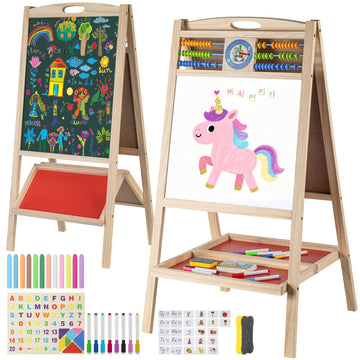 Kids Wooden Easel with Abacus, Double Sided Magnetic Drawing Board Dry Erase Whiteboard & Chalkboard, Foldable Easel for Toddler