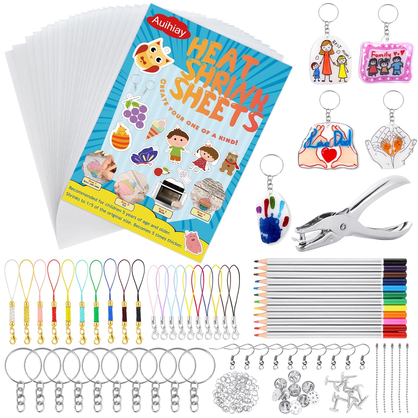 Auihiay 198 Pieces Shrink Plastic Kit Includes 20 Sheets Shrink Papers, Hole Punch, Keychain Accessories and Pencils for Shrinky