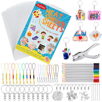 Auihiay 198 Pieces Shrink Plastic Kit Includes 20 Sheets Shrink Papers, Hole Punch, Keychain Accessories and Pencils for Shrinky