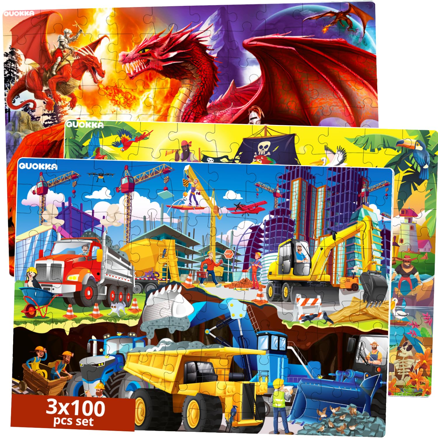 Quokka 100 Piece Puzzles For Kids Ages 4-6 – 3 Floor Puzzles For Toddlers 3-5 – Toy For Learning Pirates & Constructions & Animals For 6-8 Yo – Jigsaw Toddler Game For Boy And Girl