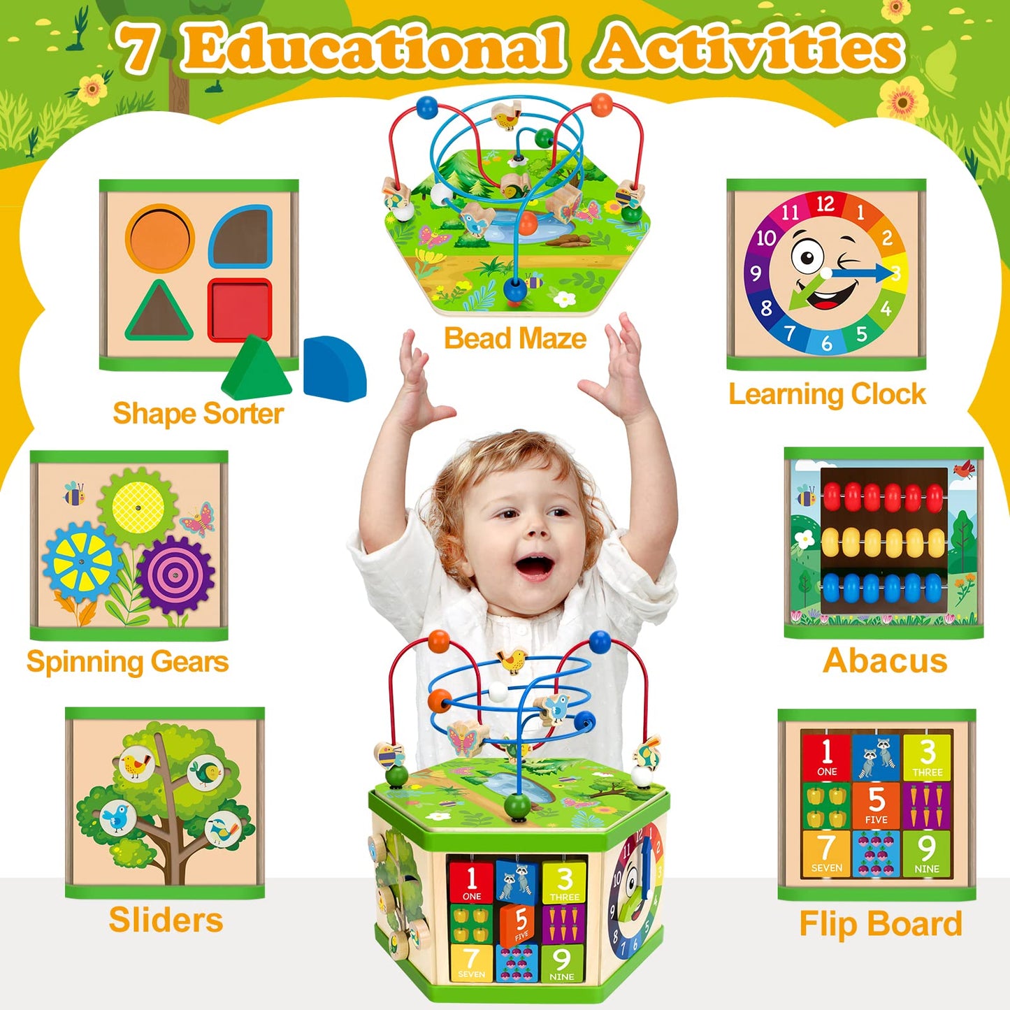 Wooden Activity Cube For 12-18 Month, 1 Year Old Boys & Girls, 7-In-1 Stem Montessori Early Developmental Learning Toys For Kids