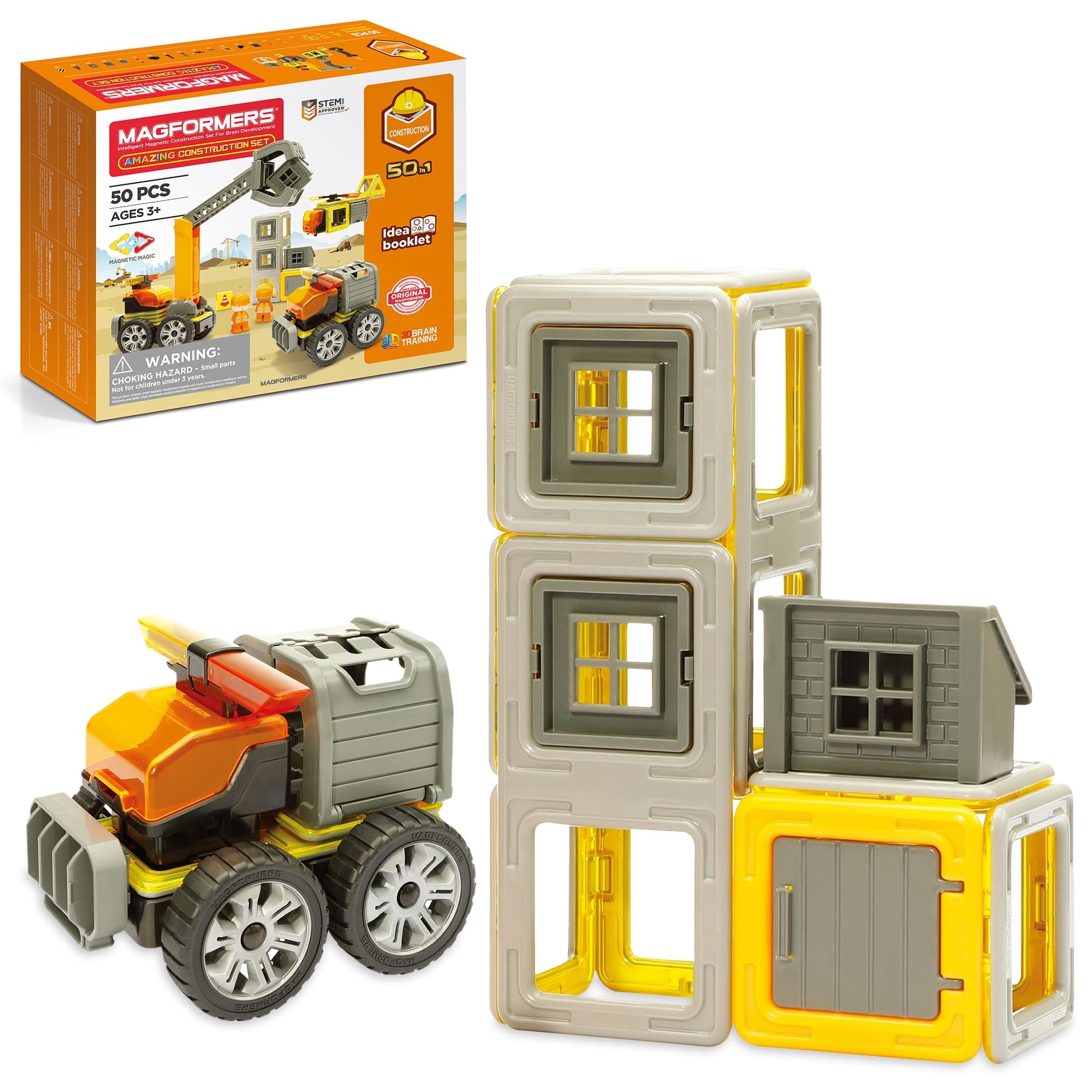 Magformers Amazing Construction 50 Piece Set - Orange Colors, Wheels, Magnetic Tiles, Educational Magnetic Geometric Shapes, Tile Building Stem Toy - Ages 3+