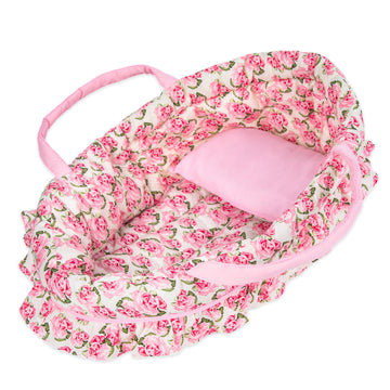 Rakki Dolli Doll Carry Cot Set, Sweet Dreams Soft Bassinet Doll Carrier Includes 1 Cot And 1 Pillow, Pink Flower Doll Bassinet, 