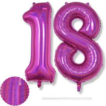 18Th Birthday Laser Hot Pink Balloons, Large Foil Number 18 Balloons For Women Anniversary Decor, 40 Inch Self Inflating Dark Pi