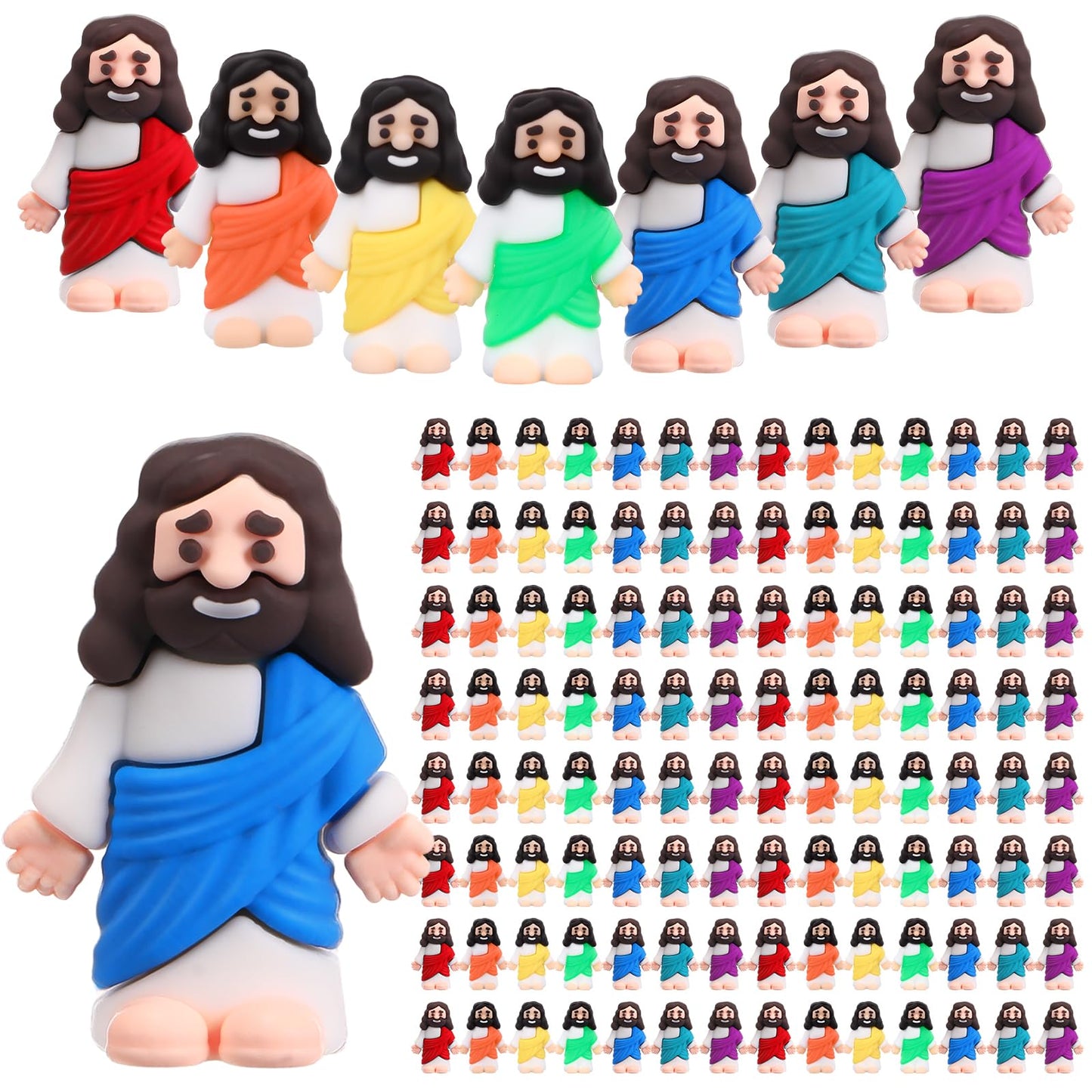 Bememo 100 Pcs Jesus Toys Original Design Mini Rubber Little Jesus Figurine to Hide and Seek Religious Party Favors Sunday Craft