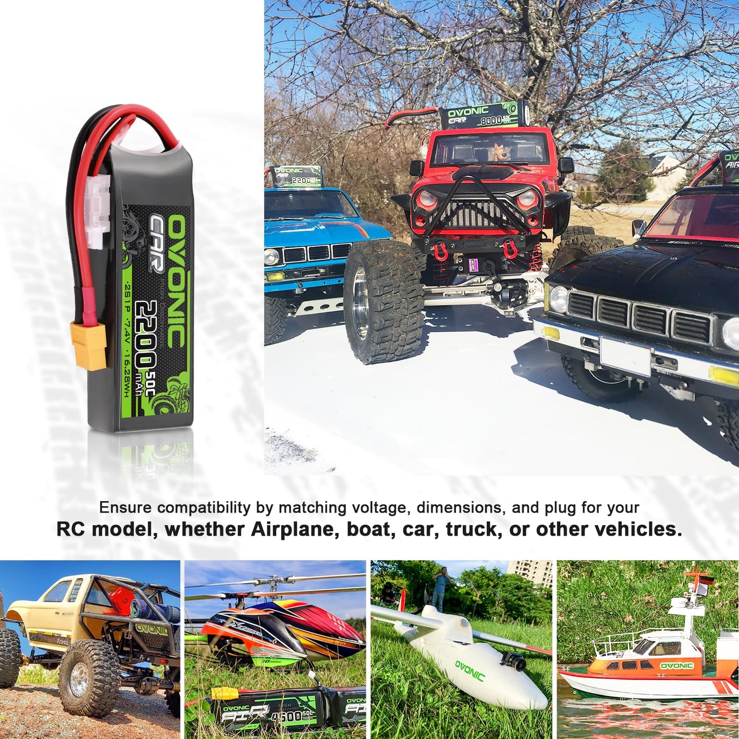 OVONIC 2s Lipo Battery 50C 2200mAh 7.4V Lipo Battery with XT60+TRX Connector for RC Car Truck Boat Airplane Helicopter Quadcopte