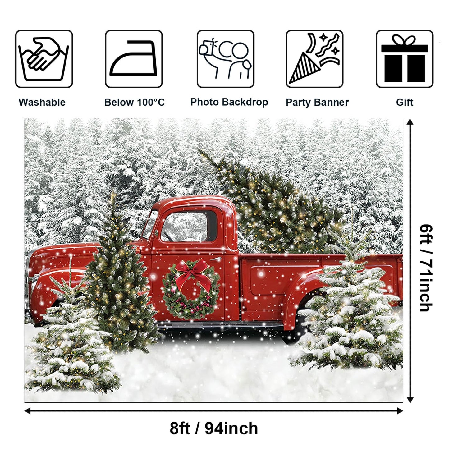 Avezano Christmas Backdrop - Vintage Red Truck with Tree, 8x6ft Vinyl, Winter Snowy Forest for Kids Portraits & Photobooth Props