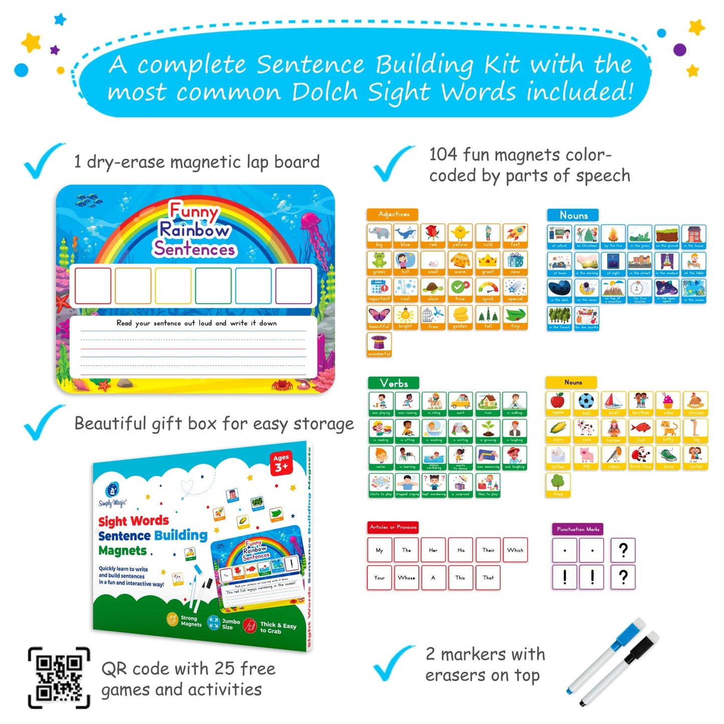 104 Pcs Sentence Building For Kids, Sentence Building Magnets Kit, Learn To Read, Speech Speak Spell Games, Kids Vocabulary Builder, Sentence Building Games, Sight Word Magnets Games - Simply Magic