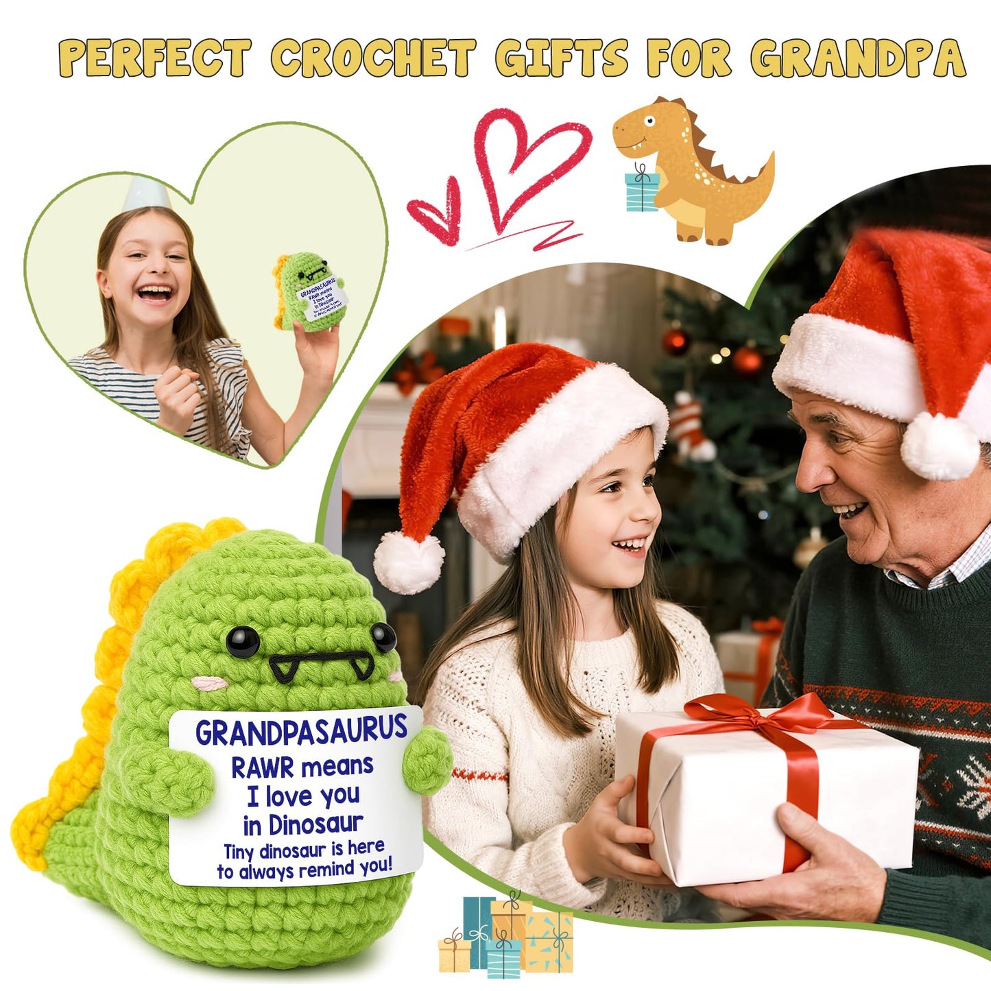 Mini Grandpa Gifts for Christmas- Handmade Crochet Dinosaur Grandpasaurus RAWR I Love You Gift for Grandpa Papa Pops Birthday Ch