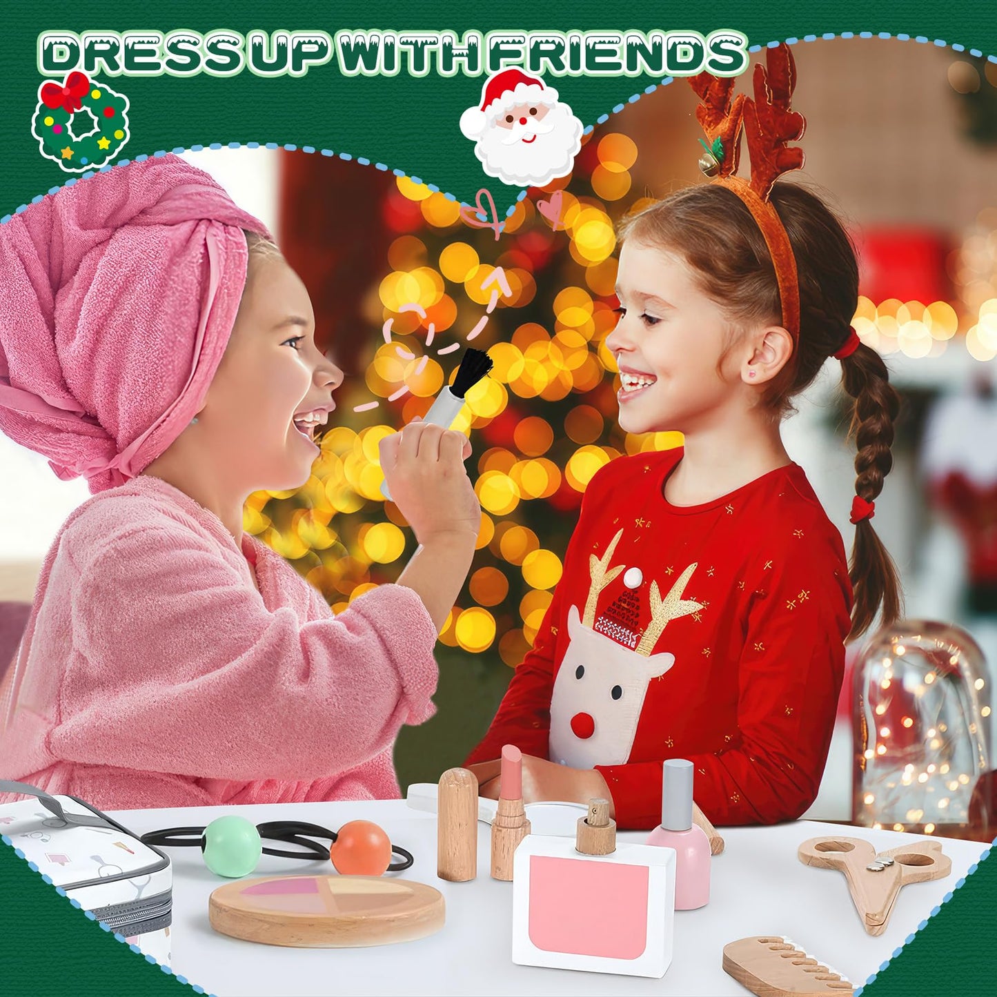 Wooden Makeup Toy Set, Wood Makeup Kit for Girls, 2-in-1 Pretend Wood Beauty Hair Salon & Makeup, 16-Piece Non-Toxic & Safe Wood