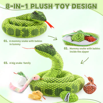 Maogolan 118 Inch Giant Green Stuffed Snake, Realistic Mommy Snake With 4 Babies & 2 Eggs Plush Toy, Large Green Boa Constrictor