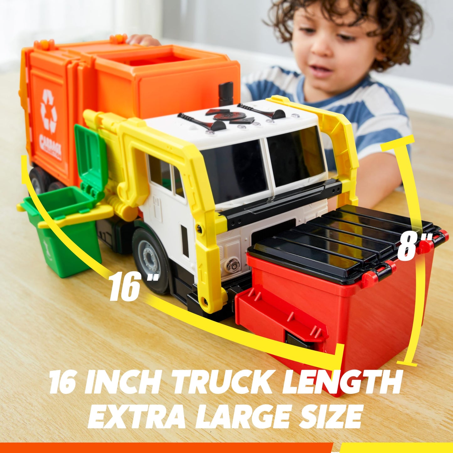 JOYIN Large Friction Powered Garbage Truck Toy Set, Includes Dumpster, Trash Bins, and Learning Cards for Kids, Orange