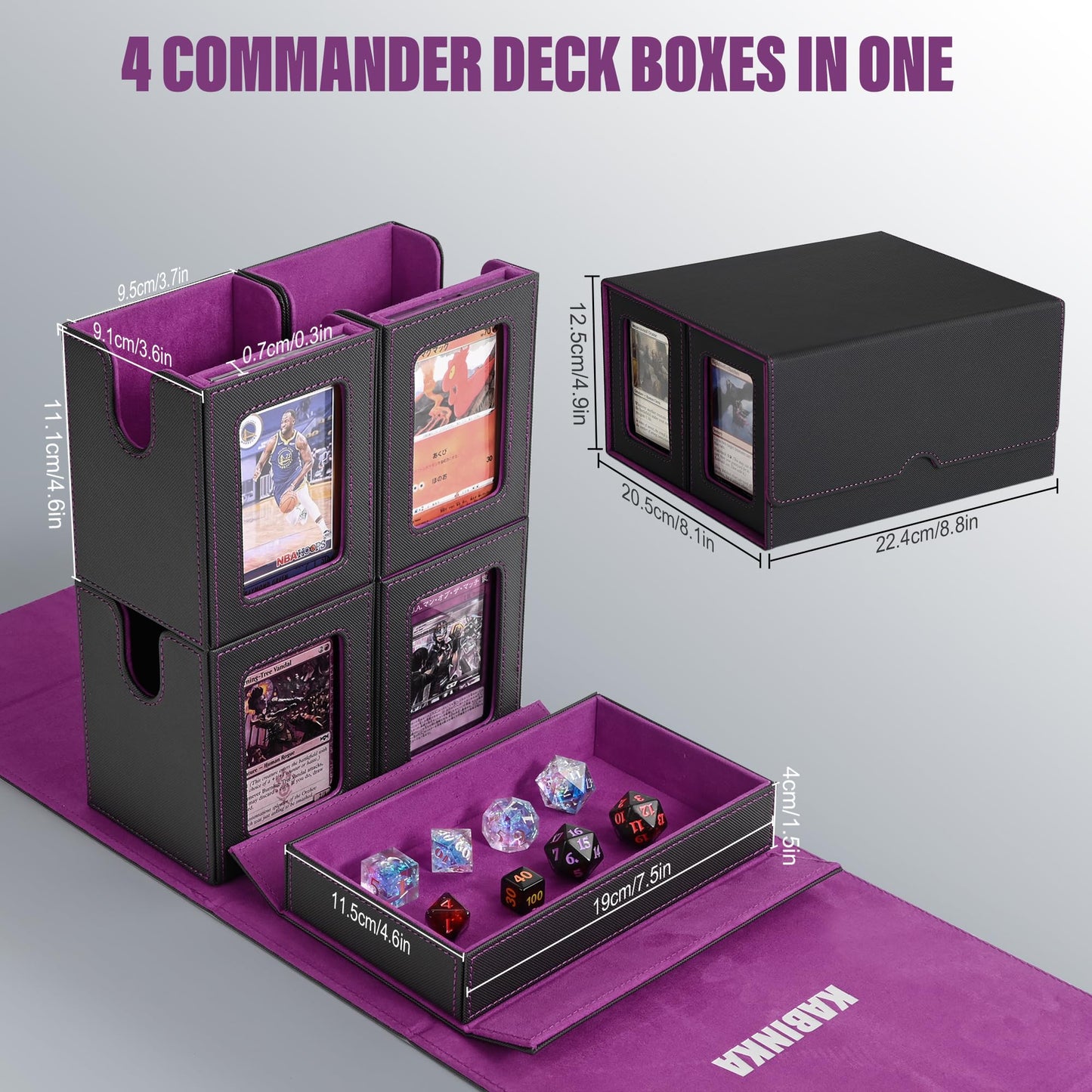 MTG Deck Box with Commander Display -protected designed Design  5 in 1 Trading Card Storage Box Fit 400 Double-sleeved Cards  Card Deck Case for TCG/Sports Cards with 4 Magnetic Card Holders(Black&Purple)