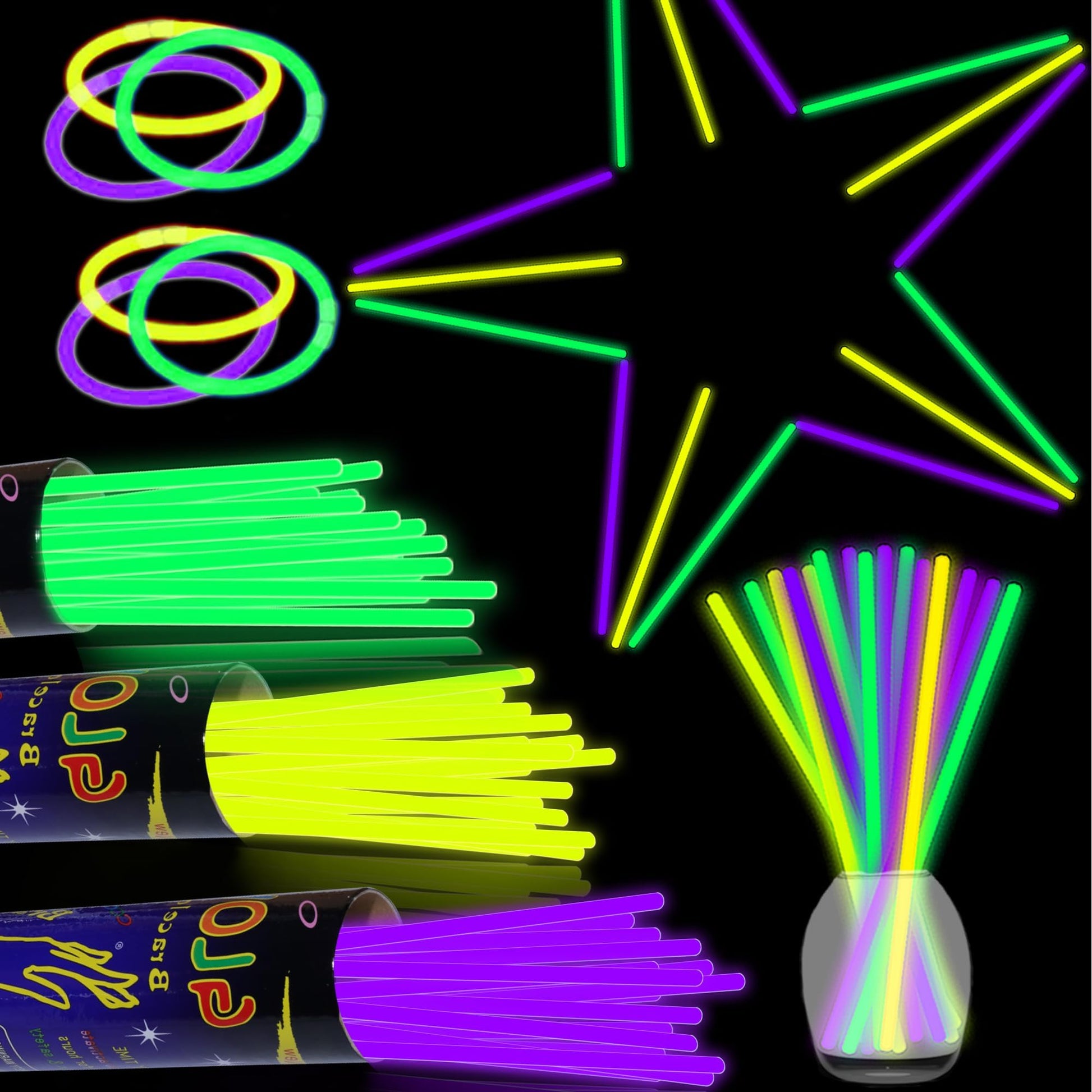 150 pk 8 Green Yellow Purple Glow Sticks Bulk Party Favors, Light up Glow Necklaces & Bracelets in the Dark Party Supplies For C