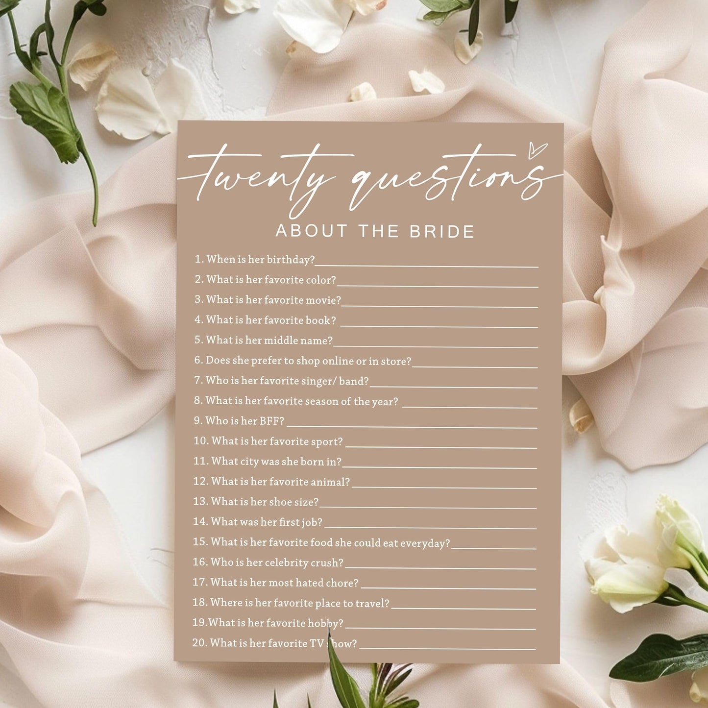 Wybgno Bridal Shower Games Cards, Twenty Questions about The Bride, Engagement Party Wedding Games for 25 Guests, Minimalist Bro