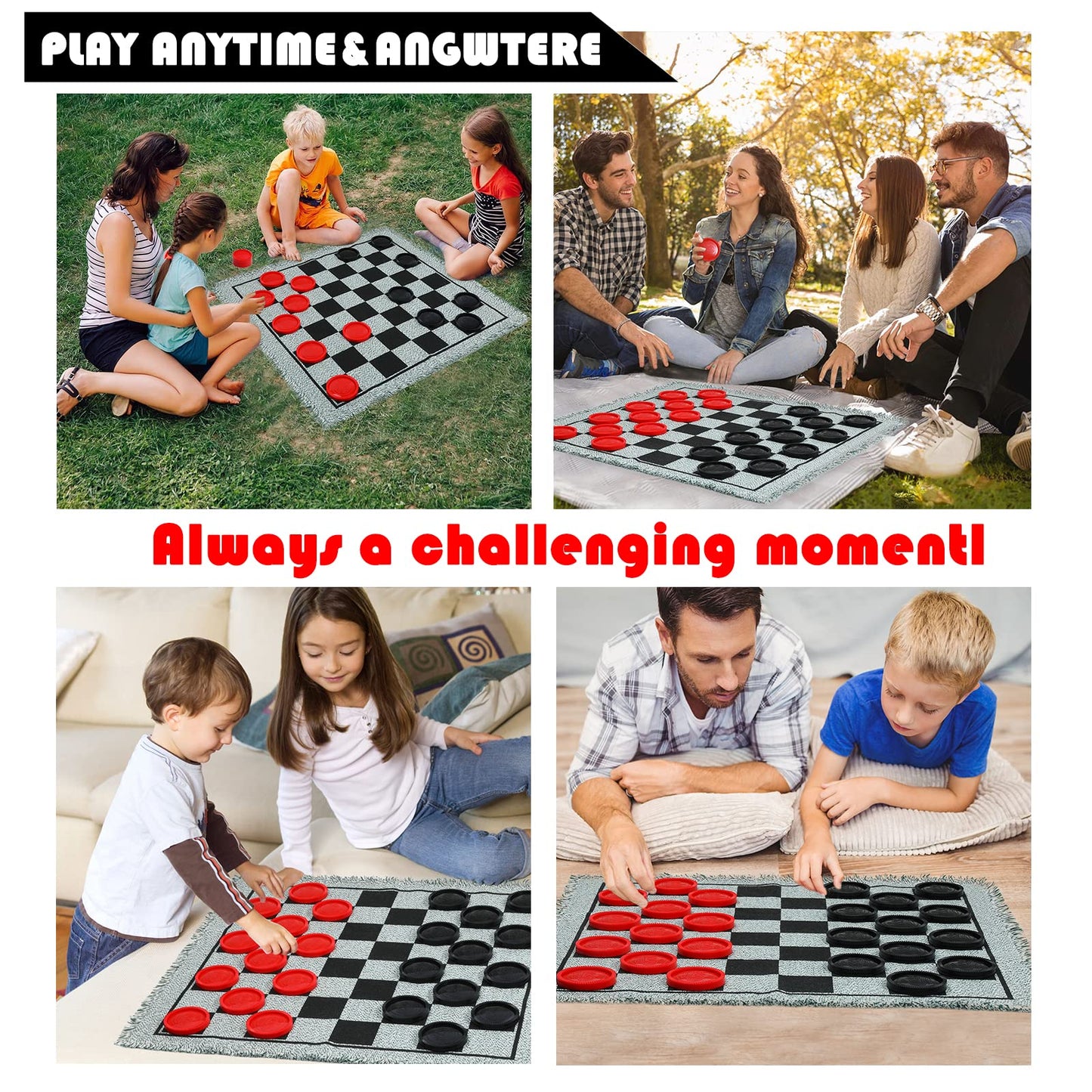 Giant Checkers Board Game Set,3 In 1 Tic Tac Toe Board Draughts Reversible Rug Game For Kids & Adults, Big Checker Floor Game Mat,Indoor Outdoor Yard Game For Family Camping Party