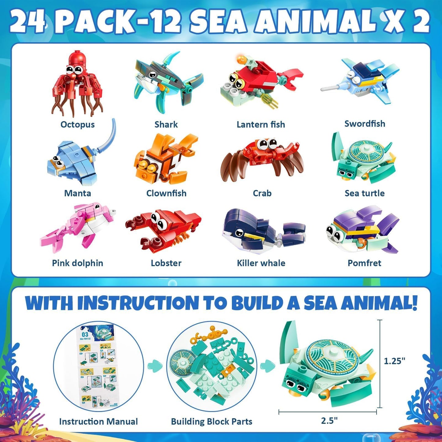 Asoulin Valentines Day Gifts For Kids, 24 Pack Sea Animal Building Block Set With Valentines Day Cards For Kids Classroom School