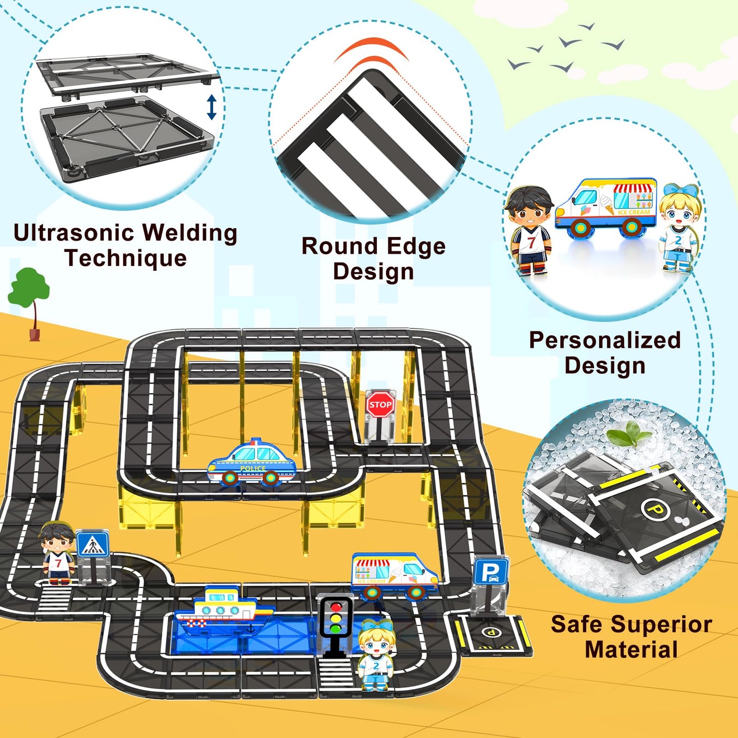 IGIVI 104 PCS Magnetic Tiles Road Set - Colorful STEM Building Blocks for Kids 3+, Perfect Christmas & Birthday Gifts for Boys & Girls