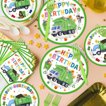 EUOYUFO 96PCS Garbage Trash Truck Plates and Napkins Party Supplies Trash Truck Birthday Party Decorations Waste Management Recy