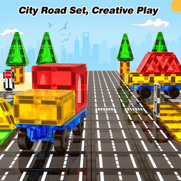 Magnetic Tiles Road Sets With Car, Magnetic Building Blocks Toys For 3+ Year Old Boys Girls, Montessori Magnet Kids Toys, Construction Toys For Ages 3 4 5 6 7 8 Christmas Birthday Gifts For Toddlers