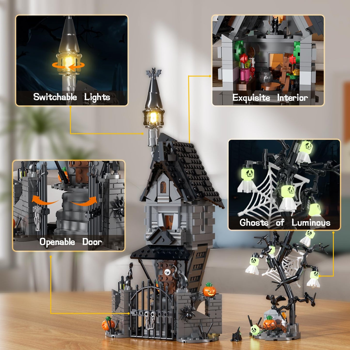 Tweandar Halloween Haunted Mansion Building Set,Before Xmas Haunted House Building Blocks Set With Light, Glow-In-The-Dark Pumpk