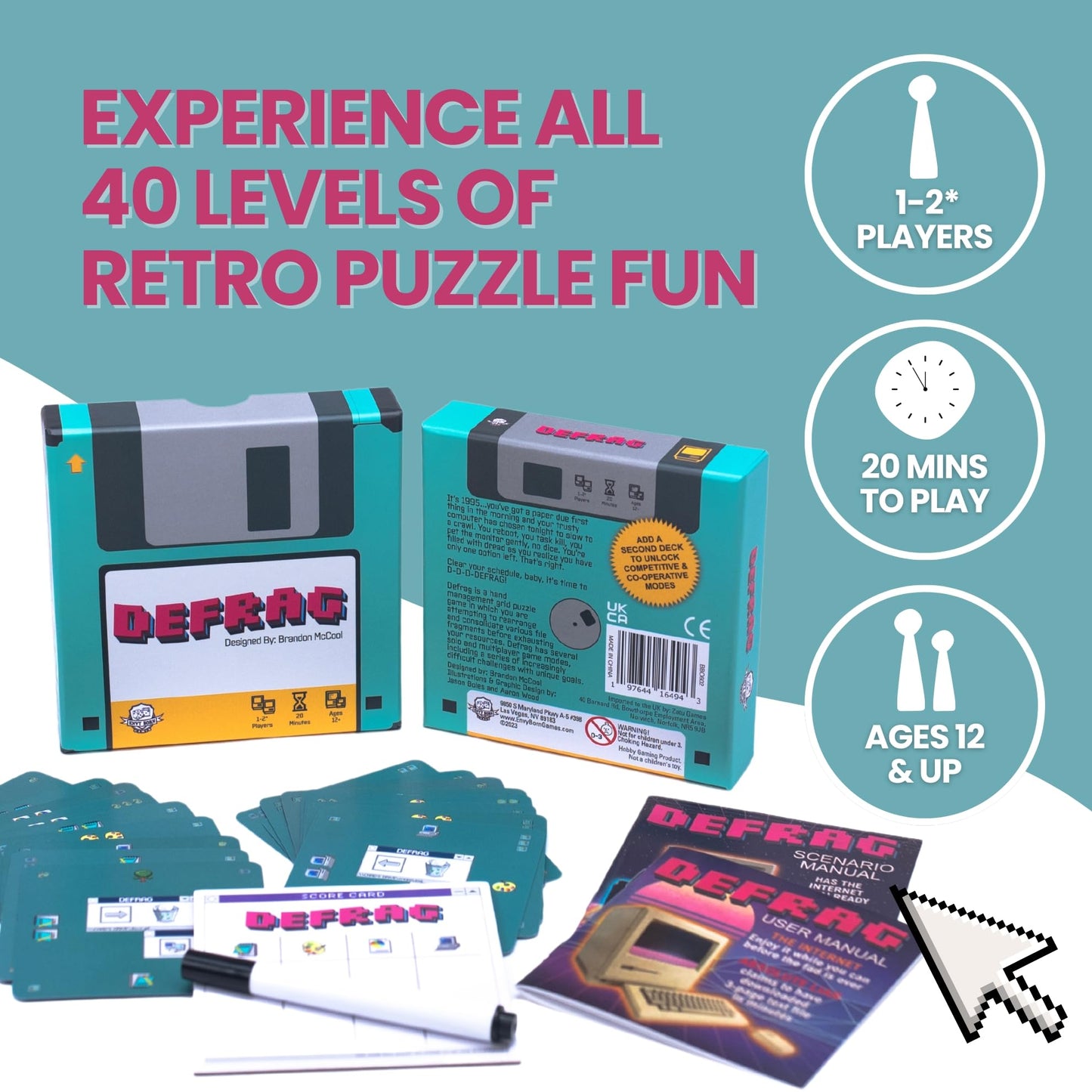 Defrag | Nostalgic Floppy Disk Themed Travel Size Board Game, Play Anywhere | Challenging Puzzle Game With Scenerio Booklet | 1