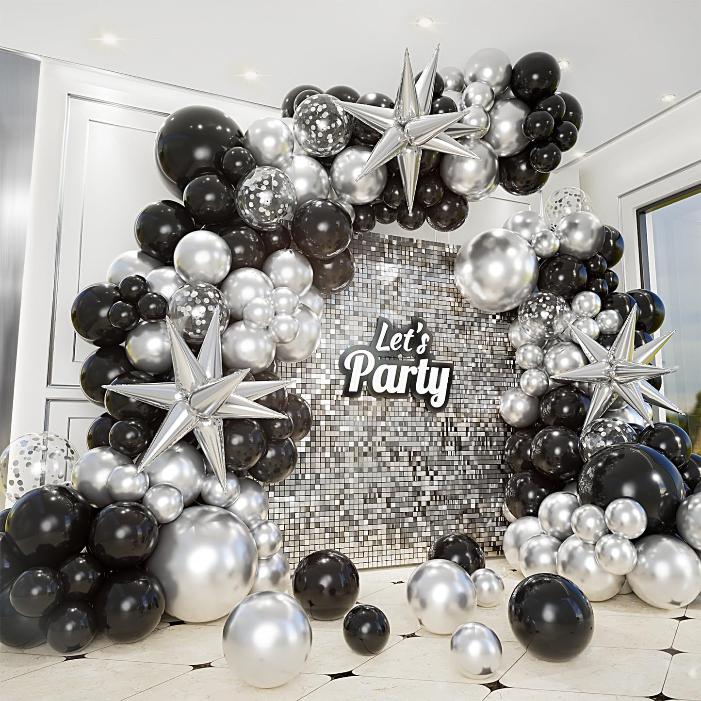 Bonropin 161Pcs Black And Silver Balloons Garland Arch Kit With Explosion Star Balloons, 5/10/12/18In Metallic Sliver And Black