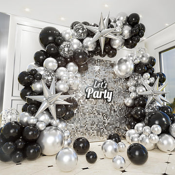 Bonropin 161Pcs Black And Silver Balloons Garland Arch Kit With Explosion Star Balloons, 5/10/12/18In Metallic Sliver And Black