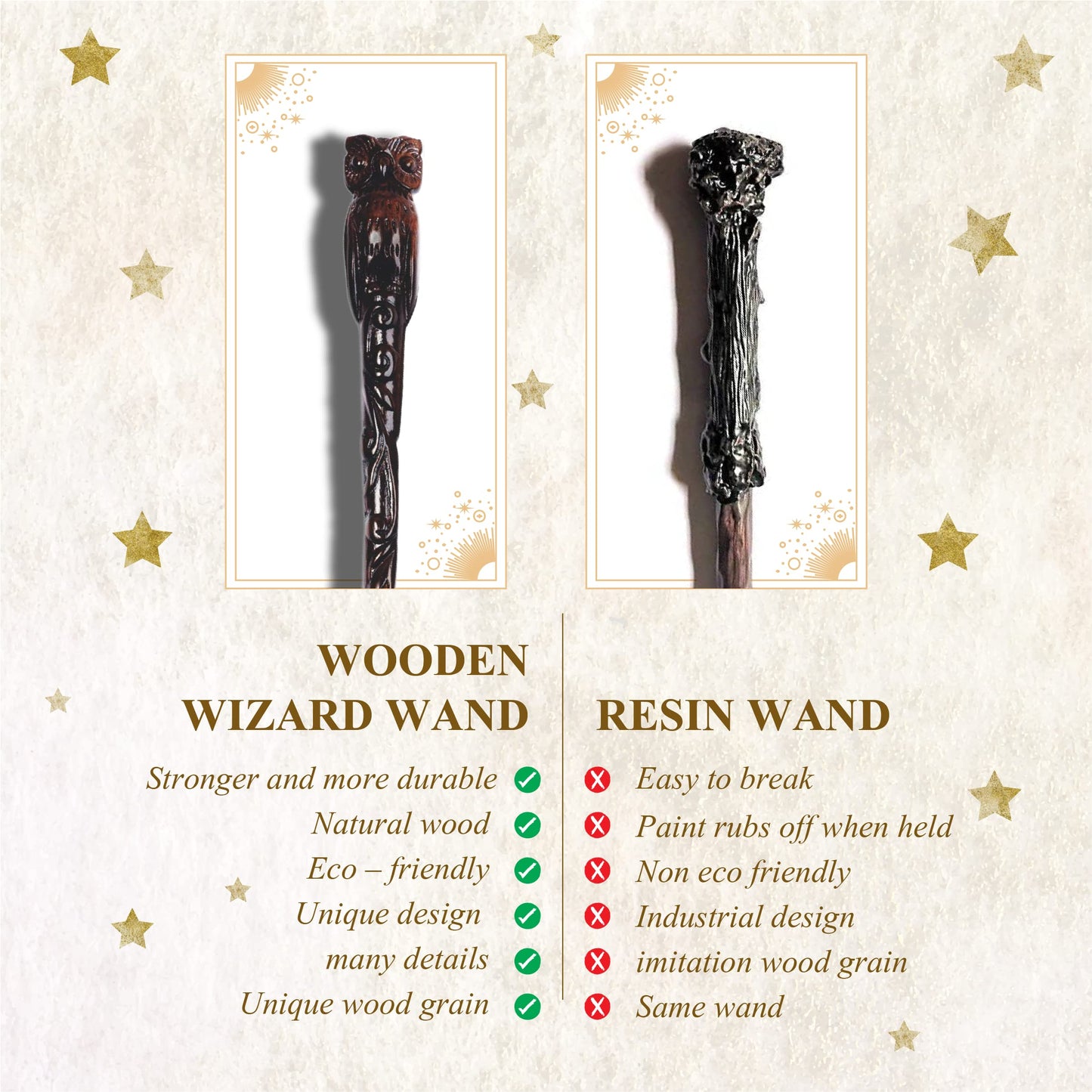 Handicraftviet Hand Carved Owl Wooden Magic Wand  Wizard Wands 15' for mature-themed and Child Great Gift for Halloween  Christmas and Birthday Party (Owl Wand)