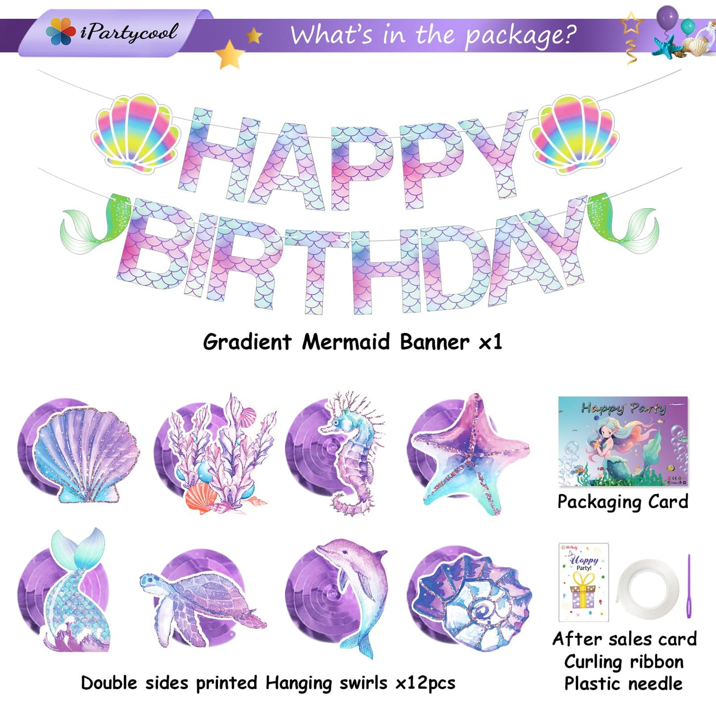Ipartycool Mermaid Birthday Decorations, Happy Birthday Banner, Happy Birthday Sign Hanging Swirls Birthday Decorations For Wome