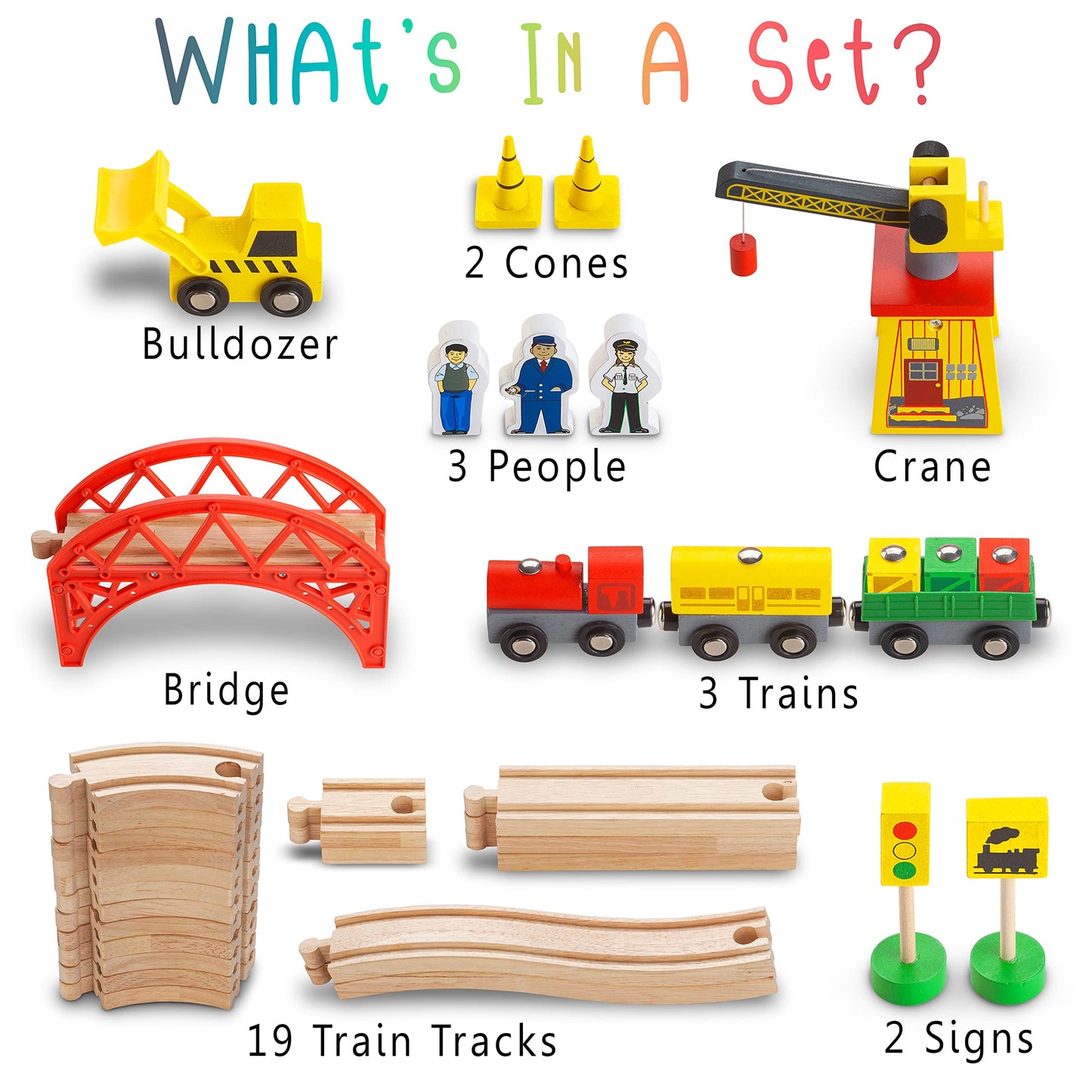 Kipipol Wooden Train Set – 38 Pcs for Toddlers – Multicolor with Crane & Tracks – Fits Thomas Brio IKEA Melissa & Doug