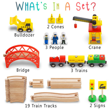 Kipipol Wooden Train Set – 38 Pcs for Toddlers – Multicolor with Crane & Tracks – Fits Thomas Brio IKEA Melissa & Doug