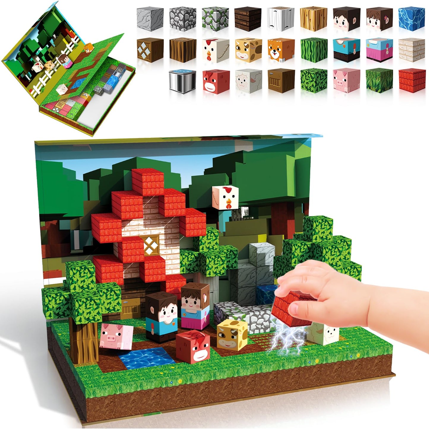 100Pcs Magnetic Blocks - Travel Magnetic Building Blocks Set With 2-In-1 Magnet Box, Magnet Cubes Build Forest Farm Stem Sensory