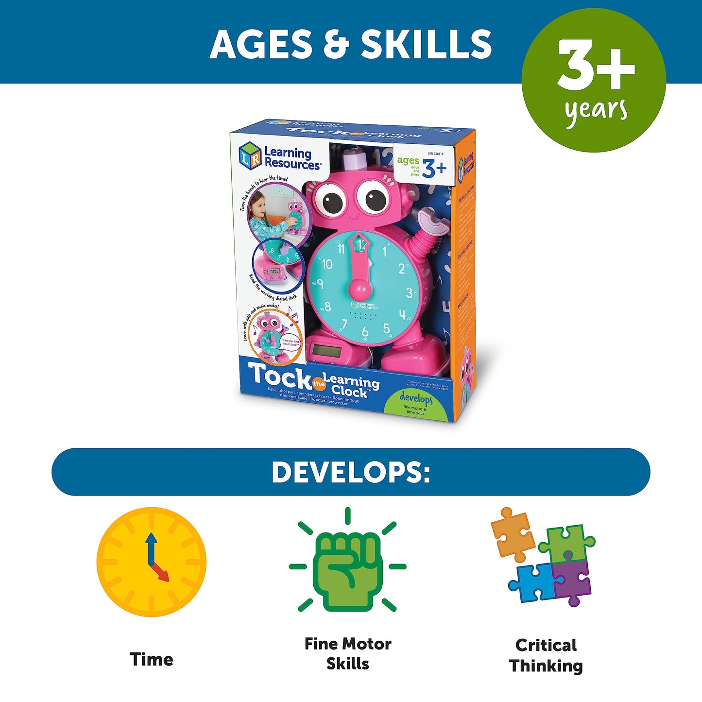 Learning Resources Tock The Learning Clock Pink, 1 Piece, Ages 3+, Educational Talking Clock