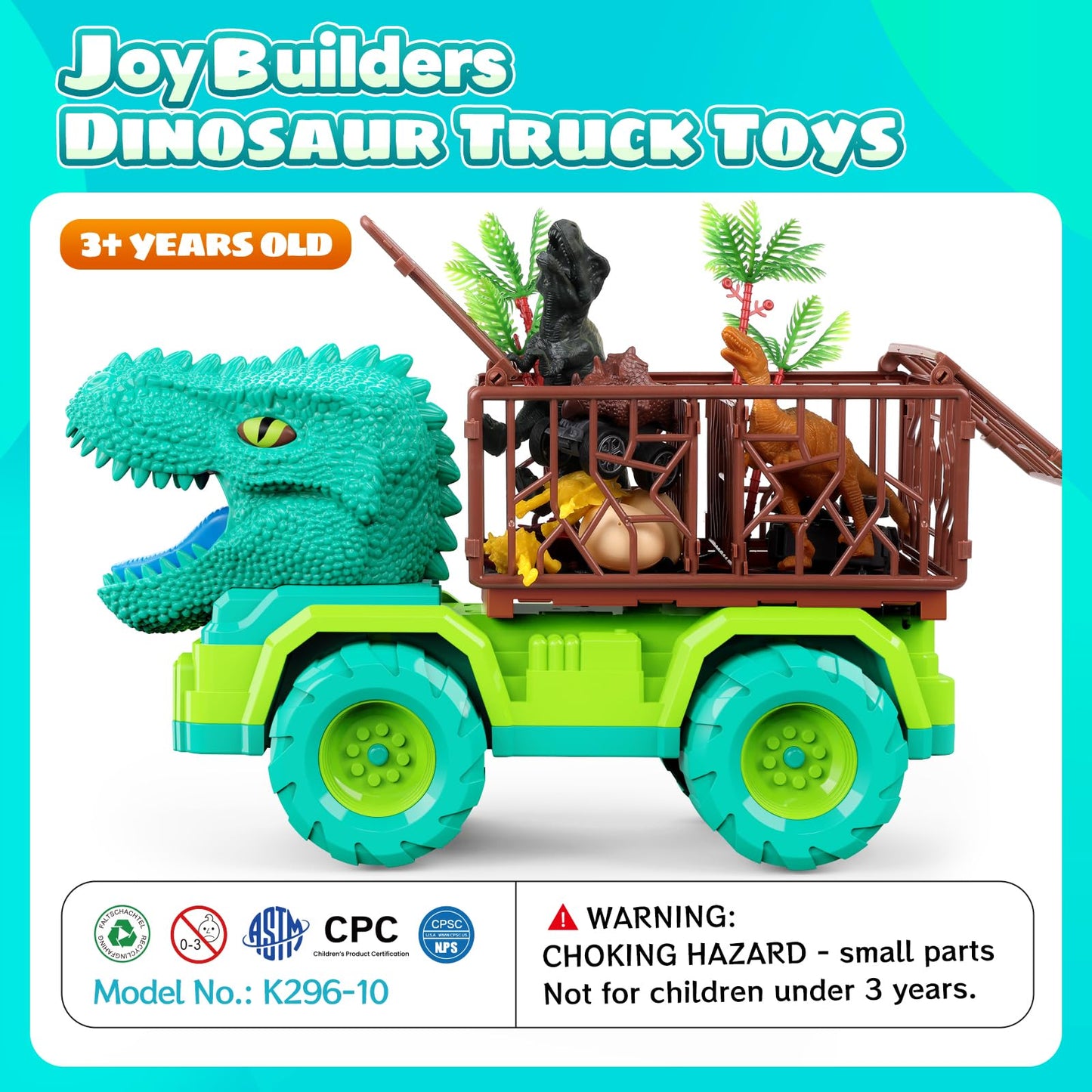 JoyBuilders 18 in 1 Dinosaur Toys for Kids 3-5, Dinosaur Truck Toys for Kids with 2 Pull Back Cars, 8 Dino Figures, Dinosaur Toy