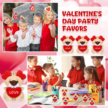 Gejoy 24 Pcs Valentines Day Gifts For Kids Mini Valentines Stuffed Animal Small Plush Keychain With Love Heart Party Favors(Lion