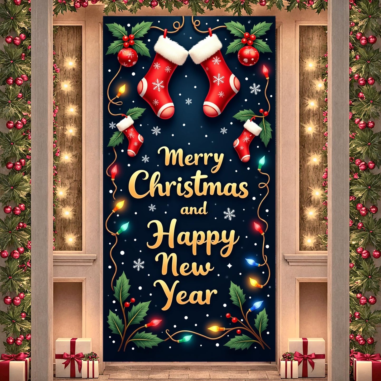 Large Christmas Door Cover Merry Christmas and Happy New Year Door Banner with Red Stockings and String Lights Party Holiday Por